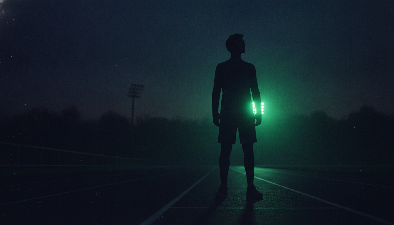 A young athlete on a track at dawn, looking toward the lights.